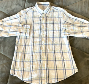 Brooks Brothers Men's Regent Fit Linen L/S Shirt White-Blue Check Size Medium