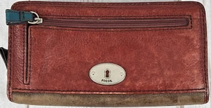 Fossil Safari Giraffe Leather Clutch Zip Around Wallet Organizer Burgundy Brown - Picture 1 of 16