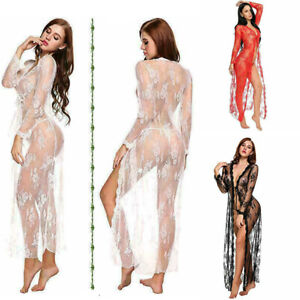 Through Dress Sheer Lace Women Sexy Gown Robe  for Lingerie See Kimono  Long