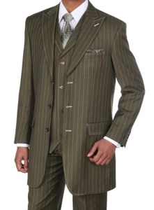 Fortino Landi Men's Gangster Pinstripe With 3 Button Suit w/ Vest Olive 58R - Picture 1 of 5