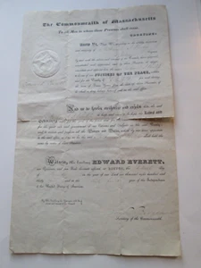 SIGNATURES, 1839 MASSACHSETTS GOVENOR EDWARD EVERETT & SECRETARY OF COMMONWEALTH - Picture 1 of 9