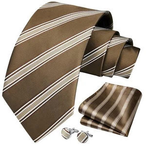 Brown Stripe Ties for Men Classic Silk Ties and Pocket Square Cufflinks Set F... - Picture 1 of 6