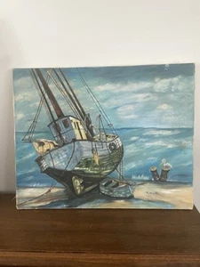 Vintage Original Oil Canvas Painting Ships Boats Harbor Large Signed 12x15” - Picture 1 of 4