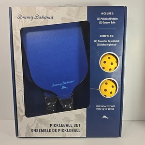 Tommy Bahama Pickleball Set 2 Blue Wood Paddles 2 Yellow Game Balls Original Box - Picture 1 of 7