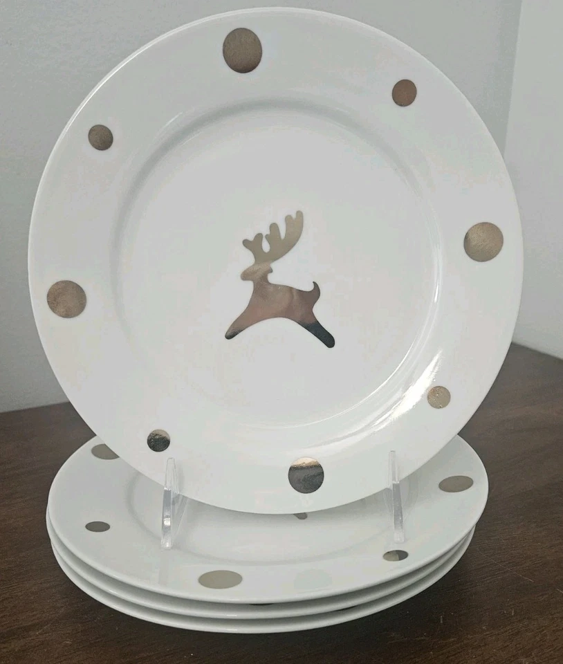 "Platos de ensalada de renos Century Fine China blanca con puntos dorados 8"" vacaciones Navidad" Foto 1 de 4