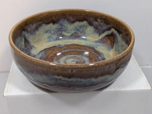 Banded Blue and Brown Glazed Bowl  7 1/2" Diameter Signed CDelish - Picture 1 of 6