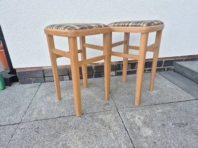 Original Retro Vintage Pub Stool Solid Wooden Legs Stud Bar Tartan - Image 1 of 4