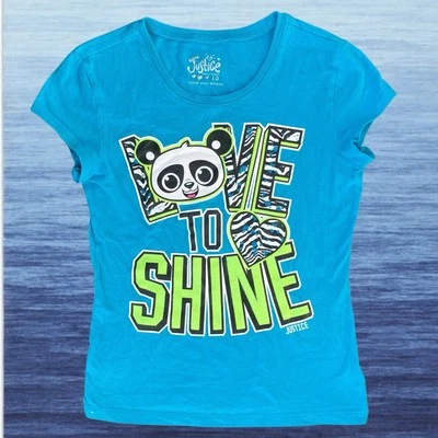 Justice девочек любовь сиять панда футболка размер 10 бирюзовый синий блестящий короткий рукав - Изображение 1 из 4