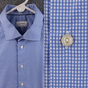 Eton York 17 Men Contemporary Romania Cotton Check Blue Shirt Convertible Cuff - Picture 1 of 23