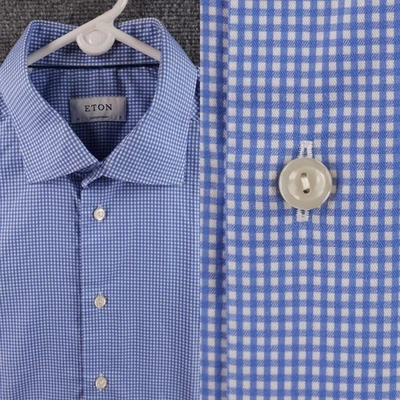 Eton York 17 Men Contemporary Romania Cotton Check Blue Shirt Convertible Cuff - Image 1 of 4