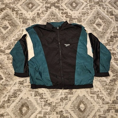 Jaqueta Reebok Masculina Vintage XXL Verde Branco Colorblock Zíper Completo Quebra-Vento Anos 90 - Imagem 1 de 4