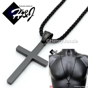 30"MEN Stainless Steel 3mm Black Plated Smooth Box Necklace Cross Pendant*BP29 - Picture 1 of 7