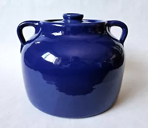 Vintage Bauer Pottery 3Qt Handled Covered Bean Pot Cobalt Blue Plain Ware - Picture 1 of 13