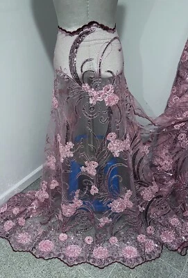 Rose Pink Silver Embroidery Sequins Lace Fabric 50” Width 1 Yard - Image 1 of 4