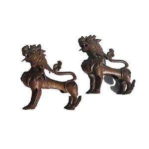 Pair of Antique Bronze Tibetan Temple Guardian Foo Dogs - Picture 1 of 9