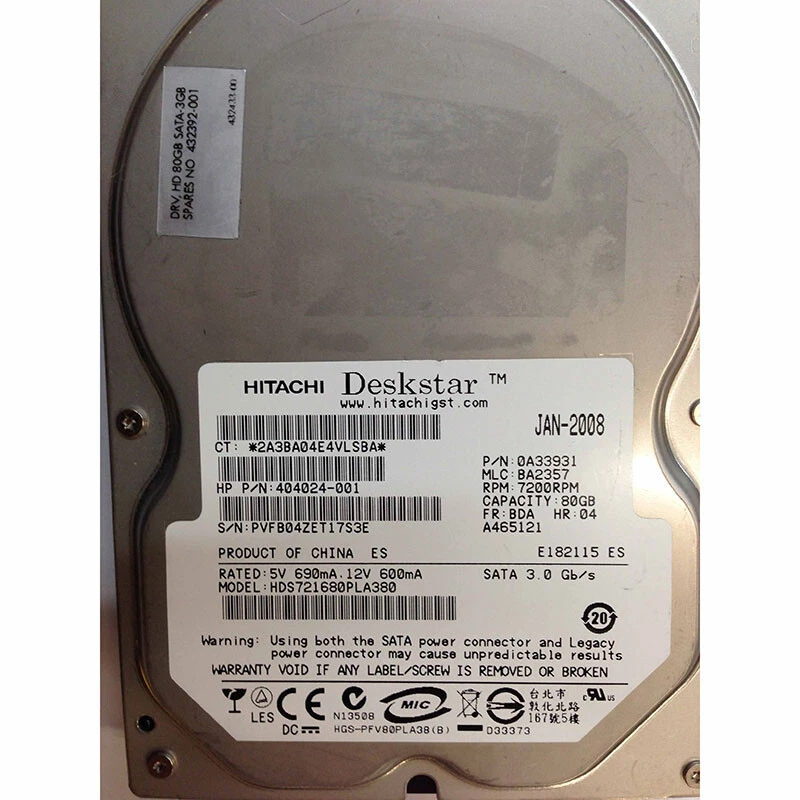 432433-001 - HP 80GB 7200 RPM SATA 3.5" HDD Hitachi 0A33931 version - Image 1 of 1