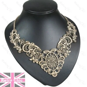 BIG NECKLACE filigree metal lace VINTAGE STYLE pale gold colour collar antique - Picture 1 of 3