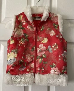 Asian Chinese toddler kid sleeveless vest jacket faux shearling red satin floral - Picture 1 of 4