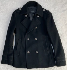 Burberry Black Label Men's Wool Pea Coat Black Silver Button size M Fast Ship - Picture 1 of 19