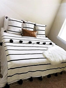 Marokkanische weiße Bommeldecke Baumwolle, xLarge King Size Bett, böhmische Bettdecke - Bild 1 von 16