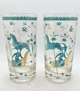 Mid Century Hazel Atlas Glasses Persian Polo Teal Gold Set of 2 IMPERFECTIONS - Bild 1 von 1