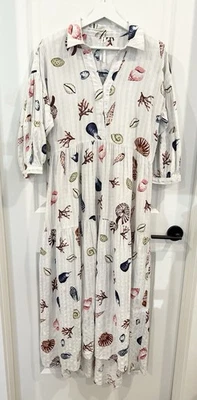Anthropologie Carolita Printed Tier Shirt Dress Maxi White Seashells Women’s S - Image 1 of 4