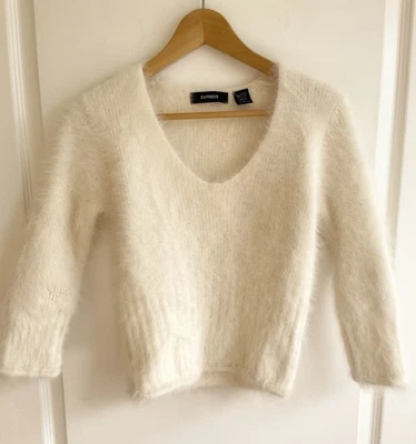 Suéter De Colección Años 90 Y2K Express Angora Cabello de Conejo Bebé Ajuste Cuello en V Súper Difuso L Foto 1 de 4