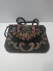 Lillian Vernon schöne Vintage Abendtasche schwarz mit floralen Glasperlen  - Bild 1 von 7