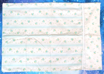 Vintage Blue Floral Pillowcase Standard Lace Trim Springmaid Wondercale Retro - Image 1 of 4