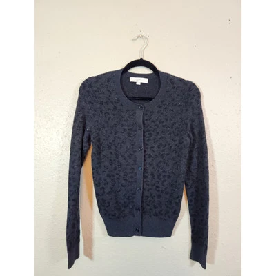 Cardigã Ann Taylor Loft Feminino Cinza Leopardo Manga Longa Botão Frontal Tamanho Pequeno - Imagem 1 de 4