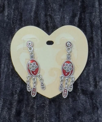 Brighton “Gloria” Silver & Red Dangle Earrings Heart Card J11477 - Image 1 of 4