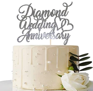 Cake Topper Diamond 60th Wedding Anniversary Glitter Mirror Card Decoration - Picture 1 of 6