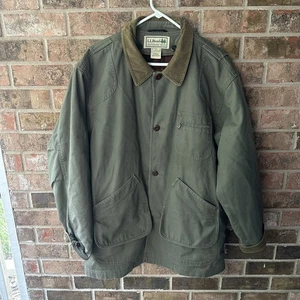 LL Bean Jacket Mens XL Green Canvas Chore Barn Work Barn Coat Corduroy Collar - Picture 1 of 6