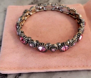 Silvertone Metal Elastic/Stretch Bracelet w/Round Pink Faux Gems & Aleyole Pouch - Picture 1 of 24