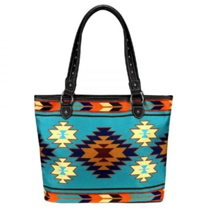 Montana West TEAL AZTEC PRINT TOTE BAG LARGE PURSE w/ Double shoulder straps - Picture 1 of 3