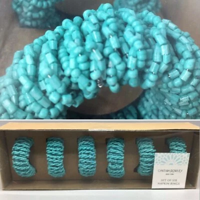 Juego de 6 anillos servilletas con cuentas Cynthia Rowley verano turquesa aguamarina redondo diseñador NUEVO Foto 1 de 4