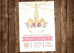 Unicorn Birthday Party Invitation, Gold, Pink, Sparkle - Printable or Printed - Picture 1 of 2