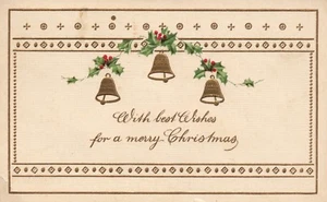Embossed Gold Bells Decorative Boarder Holly Christmas Greetings Postcard - Picture 1 of 2