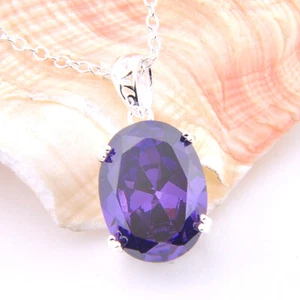 Bestseller Feuer oval geschnitten klassischer Amethyst Edelstein silberne Halskette Anhänger - Bild 1 von 5