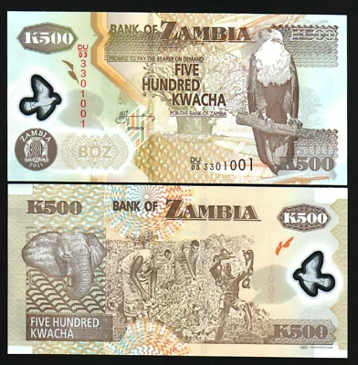 Zambia 500 KWACHA P-43 2011 Zambian ELEPHANT Fish Eagle UNC POLYMER Money NOTE - Image 1 of 3