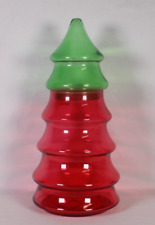Glass Green & Red Christmas Tree Candy Jar Canister 10.5”T 4-7/8”W