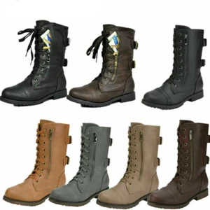 Botas de combate de cuero con cremallera para mujer Botas de media pantorrilla Zapatos con hebilla plana - Imagen 1 de 36