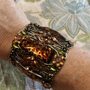 Gold Amber Crystal Stone Animal Print Fashion Hinged Bangle Bracelet 8” - Picture 1 of 4