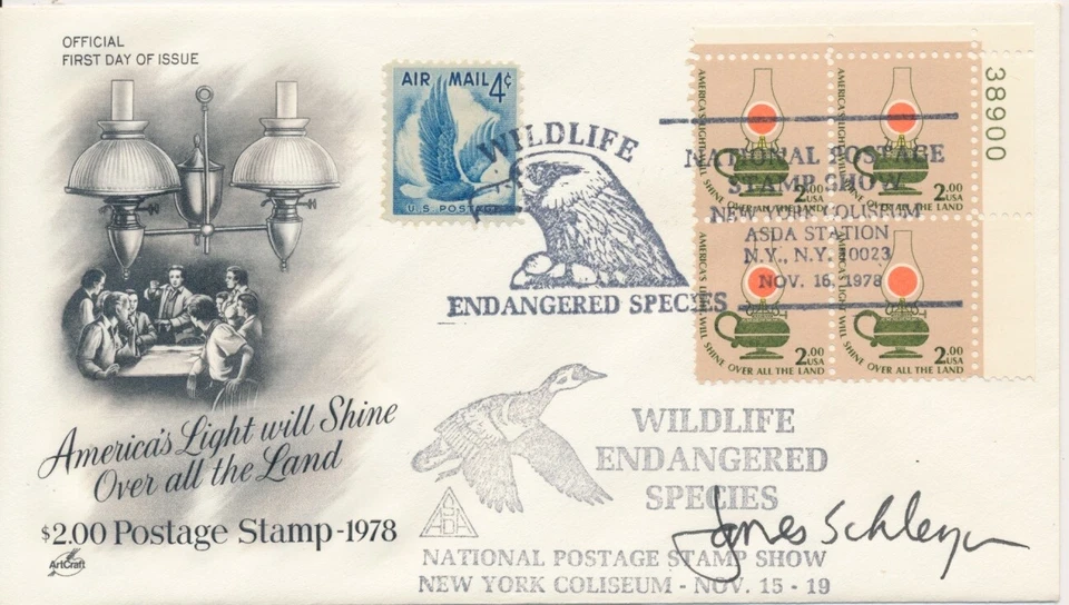 #1611 $2 PB of 4 Kerosene Lamp combo Artcraft cachet FDC auto James Schleyer 4c - Image 1 of 1