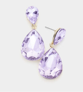 1.7” Light Purple Lavender Teardrop Rhinestone Long Crystal  Earrings Dangle