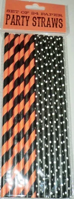 Halloween Party Orange, Black & White Stripes Dots Straws Package 24 Disposable - Image 1 of 3