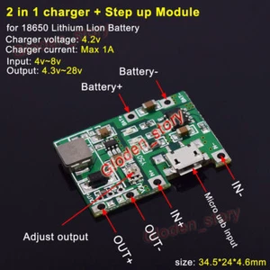 1S 1A USB 3.7V Li-ion Lithium 18650 Battery Charger Board + Boost Step Up Module - Picture 1 of 6