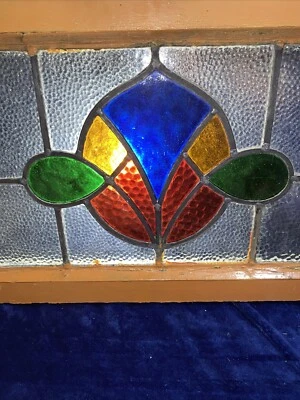 2 Small Antique Stained Leaded Glass Transom Windows 21" by 13" Window Pair - Image 1 of 4