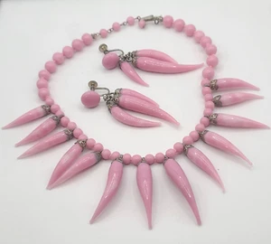 Vintage Pink Milk Glass Necklace Earrings Set Signed Japan READ - Picture 1 of 16