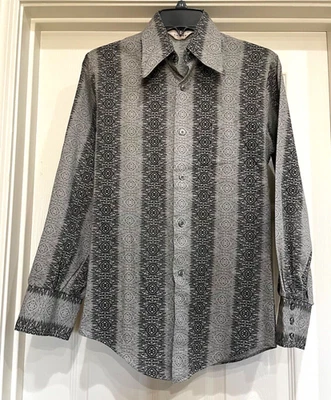 Vintage 70's LANCER Shirt-Gray Cotton Striped Buttoned Long Sleeve, Disco, Small - Image 1 of 4